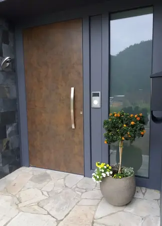 Moderne Haustür mit großem Griff, seitlichem Glasfenster und Blumenkübel am Eingang.